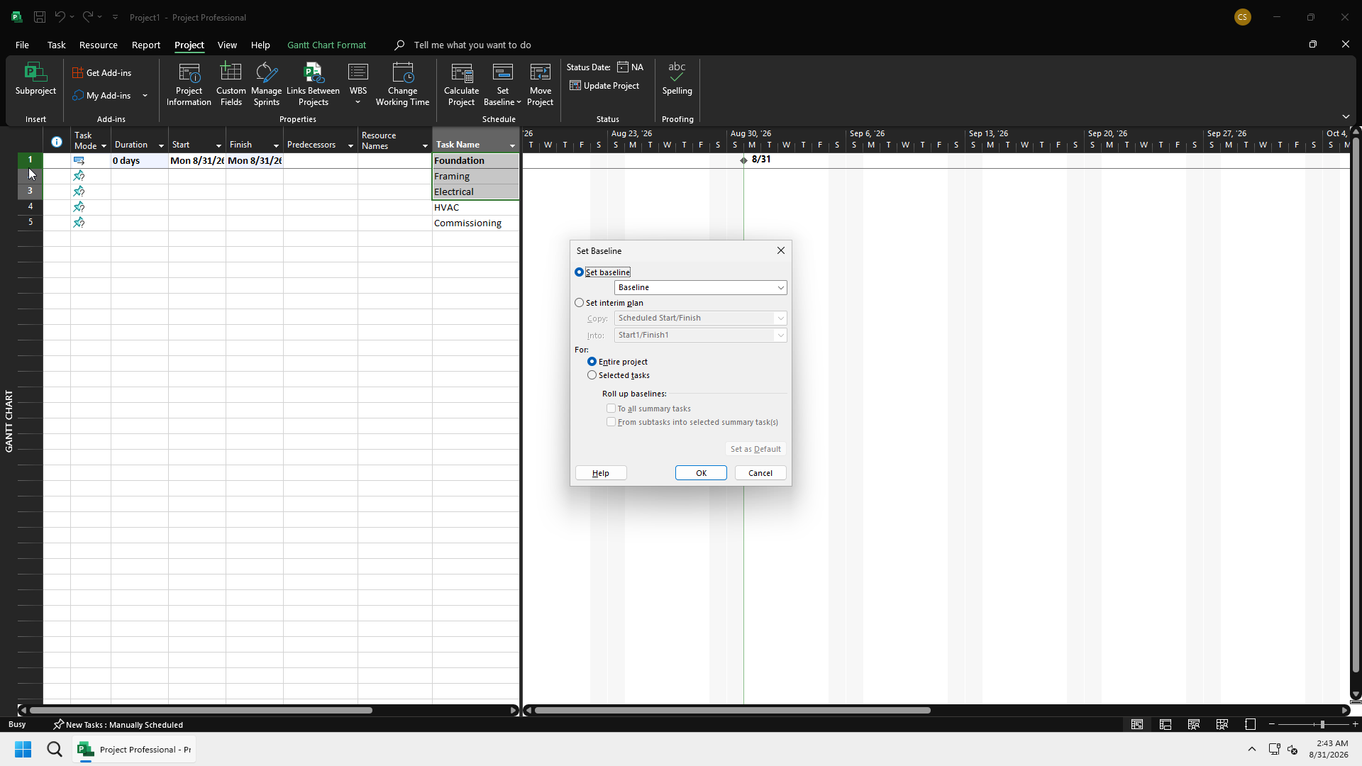 Microsoft Project Set Baseline dialog. Set baseline to Baseline, Entire project. Set interim plan is a different option.