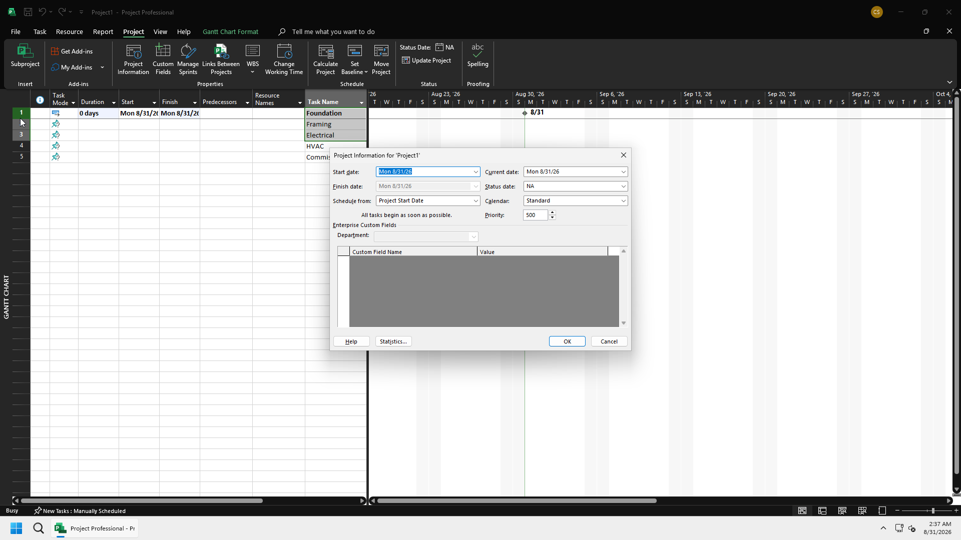 Microsoft Project Information dialog. Status date is NA. Current date is Mon 8/31/26. Start date is a different field.