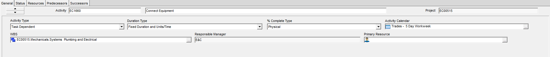 P6 General tab. Activity Calendar, WBS, and Responsible Manager sit as fields.