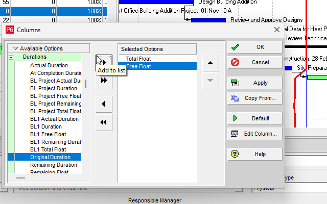 P6 Columns dialog. Selected Options lists Total Float and Free Float as two separate columns.