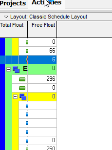 P6 activity table with Total Float and Free Float columns on the same rows. Values differ (6 vs 0, 0 vs 66).
