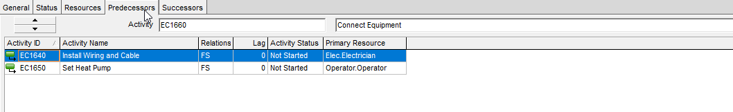 P6 Predecessors tab. FS relationships with lag 0 from EC1640 and EC1650.