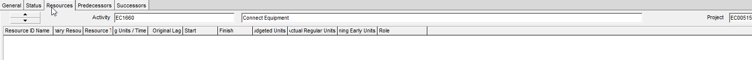 P6 Resources tab. Column headers include Original Lag, Start, Finish, Budgeted Units, and Role.