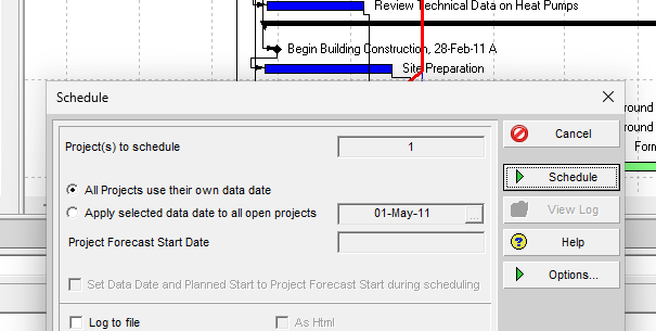 P6 Schedule dialog. Apply selected data date shows 01-May-11, not the wall-clock date.