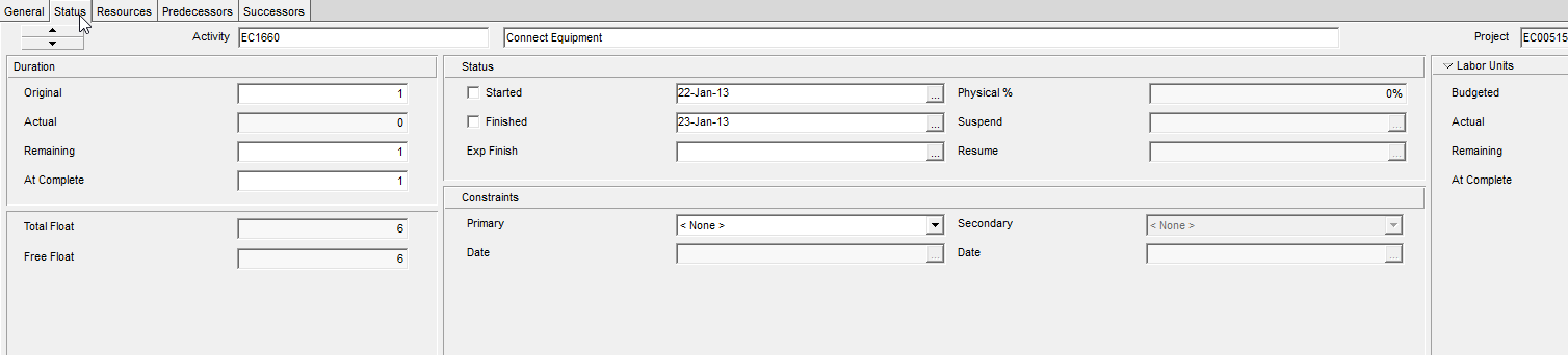 P6 Status tab. Duration Original, Actual, Remaining, and At Complete sit beside Started and Finished date fields, Physical %, Total Float, and Free Float.