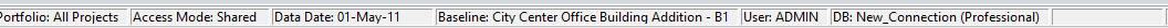 P6 status bar. Baseline: City Center Office Building Addition - B1. Data Date 01-May-11.