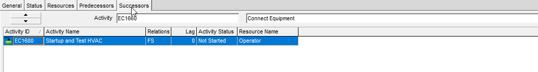 P6 Successors tab. FS successor EC1680 Startup and Test HVAC, lag 0.