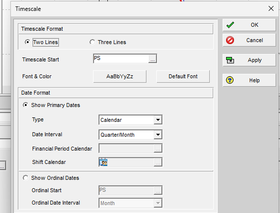P6 Timescale dialog. Two Lines, Timescale Start PS, Date Interval Quarter/Month, Show Primary Dates.